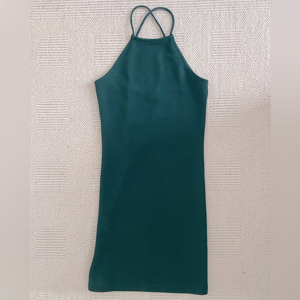 Lucid Pink Size S Deep Green Mini Dress with Halter Fit & Crisscross Back Straps